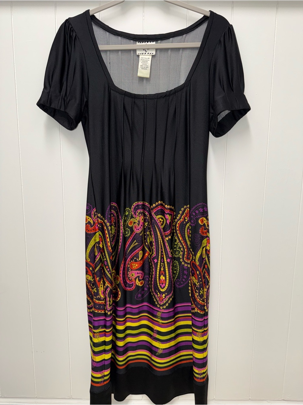 ICE Womens Medium Black Paisley Border Print Short Sleeve Midi Dress